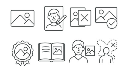 Line style icons of visual memory training: image recall card, draw-from-memory sheet, ref then hide panel, compare + adjust icon, reference accuracy badge, visual library sketchbook, reimagined