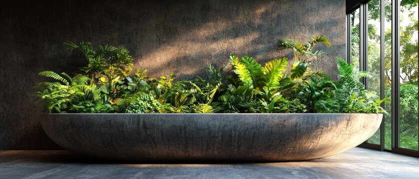Lush greenery thrives in a long, shallow, stone planter bathed in sunlight against a textured wall