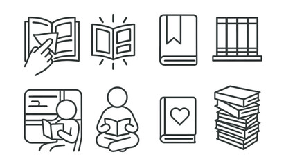 Line style icons of manga reading experience: flipping page gesture, scanline panel glow, bookmark ribbon tab, manga shelf with spines, reading on train icon, quiet moment with book, favorite volume
