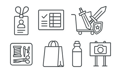 Line style icons of cosplay convention gear: cosplay pass badge, schedule card, event map with star, rolling prop cart, emergency sewing kit, convention bag, hydration bottle, group photo area sign.