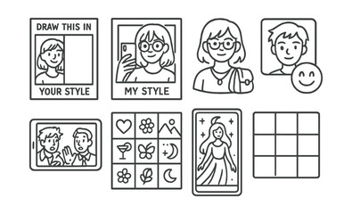 Line style icons of fandom art trends: redraw challenge sheet, &ldquo;my style&rdquo; meme frame, meet the artist avatar, emoji prompt icon, reinterpreted screenshot page, aesthetic board layout, fan tarot card,