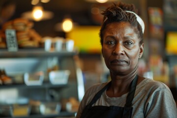 Fototapeta premium Middle aged adult african american female fast food worker