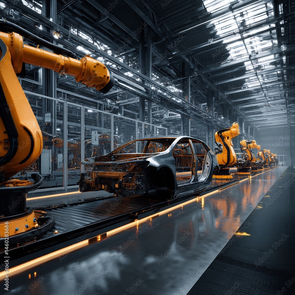 Aufkleber automated vehicle manufacturing with robotic arms on assembly line inside factory