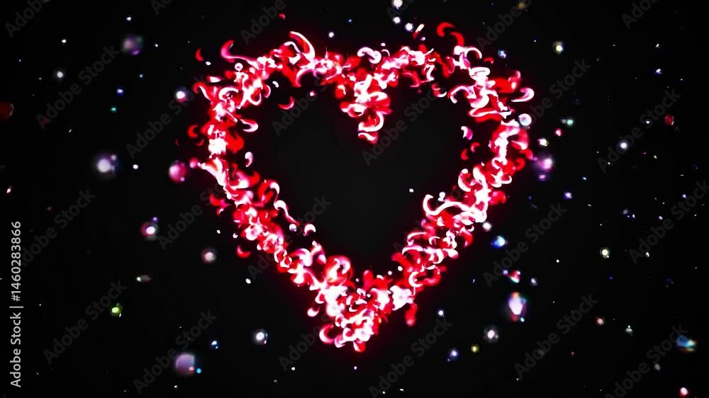Poster red energy particles form a glowing heart shape, rotating slowly against a black background with sub