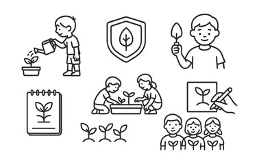 Line style icons of youth green participation: kid watering planter, school eco badge, plant name card drawing, child with trowel icon, youth garden journal, shared tiny garden icon, draw your sprout