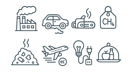 Line style icons of climate change causes: fossil fuel factory icon, car exhaust cloud, deforestation chainsaw, methane from cow tag, landfill with smoke lines, plane + emissions symbol, energy