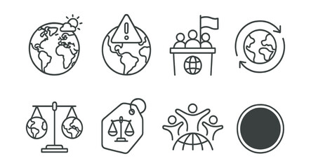 Line style icons of global perspective: climate on world map, regions at risk icon, global summit with flag, cross-border action arrow, South–North equity balance, translation for justice tag, world