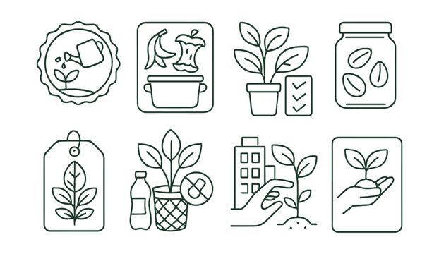 Line style icons of green-friendly behavior change: “I water daily” badge, compost my food sign, plant parent chart, saved seeds jar, “green thumb” progress tag, less plastic around plants,