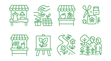 Line style icons of green festivals and school fairs: thrift market stand, community seed exchange, local produce stall, crafts from scraps icon, solar-powered snack booth, eco art show sign, chalk