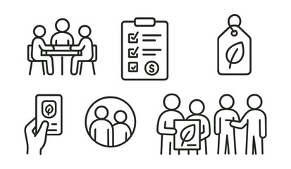 Line style icons of collaborative eco planning: student committee table, checklist board, vote on eco ideas frame, co-create event tag, budget for green option icon, adult-youth team badge, poster