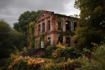 Naklejka premium A historical brick structure stands in ruins, cloaked by vines and surrounded by autumn foliage on a gloomy day in a forgotten area Generative AI