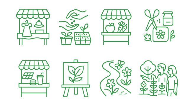 Line style icons of green festivals and school fairs: thrift market stand, community seed exchange, local produce stall, crafts from scraps icon, solar-powered snack booth, eco art show sign, chalk