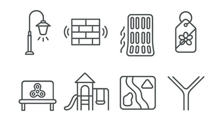 Line style icons of sensory-friendly urban zones: low-light streetlamp, sound-buffer wall icon, tactile path sketch, scent-free zone tag, fidget and wait bench, noise-calm playground area, visual
