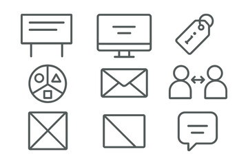 Line style icons of minimalist communication: clean announcement board, “1 screen = 1 message” rule, essential info only tag, color-coded clarity icon, no long emails badge, face-to-face over clutter