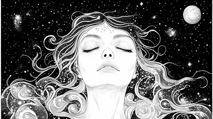 Cosmic woman a celestial portrait of inner peace and harmony. [Solar Echoes] | Celestial Resonance | cosmic harmony. Illustration