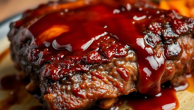 piece of meat covered in ketchup on a plate