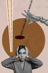 Vertical artwork pop collage of happy puzzled girl listen fake news propaganda fishing spam problem...