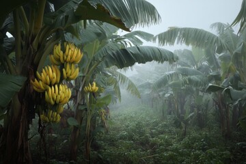 Fototapeta premium Clusters of ripe yellow bananas hang amid lush green foliage on a plantation shrouded in early morning mist, creating a serene atmosphere Generative AI