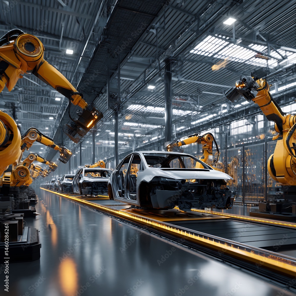 Poster automated vehicle production line with robotic arms in industrial setting