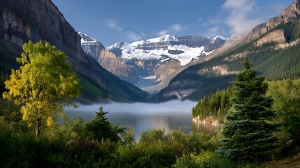 Obraz premium Serene Mountain Lake Surrounded by Lush Greenery and Fog