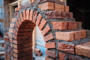 Construction workers craft a brick arch at a building site, focusing on precision and quality detailed masonry work Generative AI