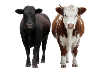 Two cows standing together black and brown white cattle farm animals bull on transparent background