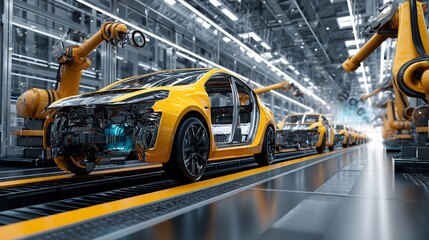 Automated car manufacturing: Robotic arms assembling electric vehicles on an assembly line