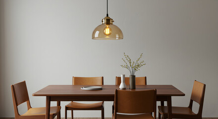Elegant Dining Area With Warm Lighting Fixture And Minimalist Decor