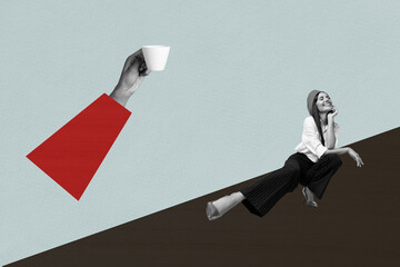 3d sketch poster trend art collage image of happy girl wait order coffee cup americano beverage...