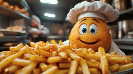 Personified potato character wearing chef hat presents large serving of golden french fries in kitchen setting, food service industry, on a transparent background, PNG image, PNG file.