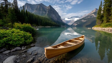 Obraz premium Serene Lake View with Canoe and Majestic Mountains in Background