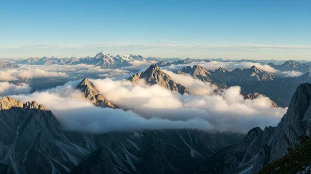 Majestic mountains rising above clouds at sunrise  
