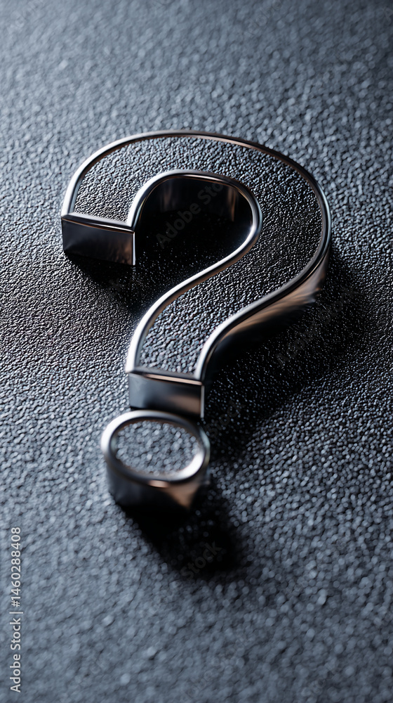 Poster Metallic question mark on textured dark surface, symbolizing inquiry, uncertainty, or problem-solving.  Design element for websites or presentations.