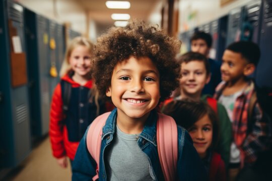 portrait of a diverse kids students in elementary school hallway with lockers