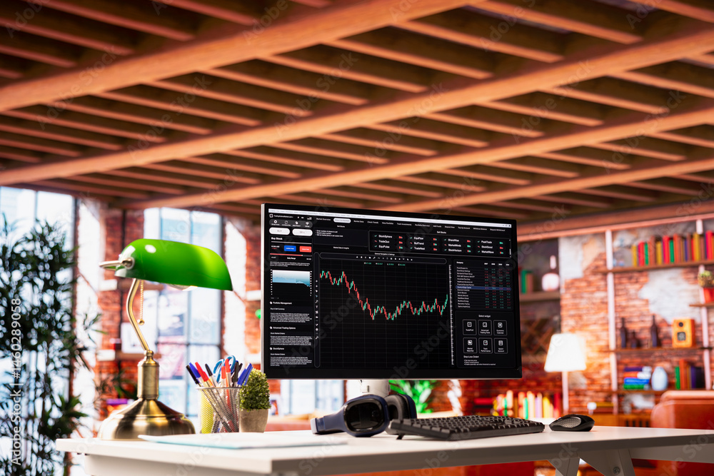 Poster application on computer screen in apartment used for analyzing crypto coins investment graph fluctua