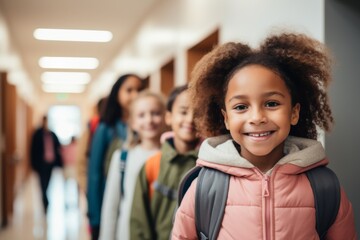 portrait of a diverse kids students in elementary school hallway with lockers