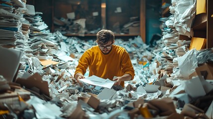 Man in yellow shirt surrounded by piles of paper looking at documents in a cluttered room space