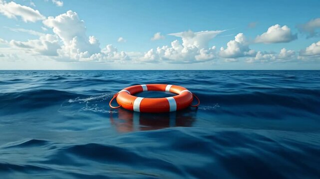 An orange and white life preserver floats in the wavy blue ocean under a partly cloudy sky day