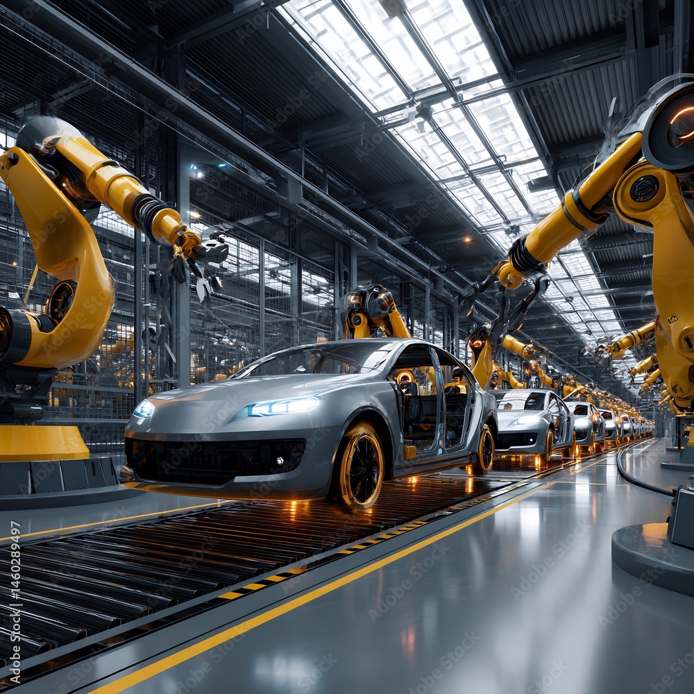 Poster automated vehicle production line featuring robotic arms in industrial setting