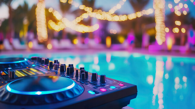 Dj mixer by poolside with colorful lights at evening outdoor party