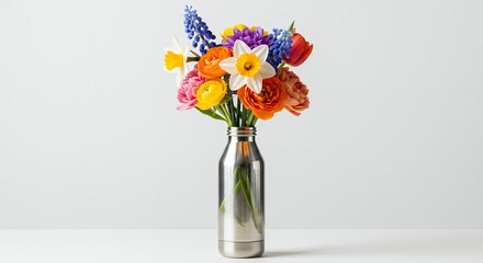 Colorful floral bouquet in silver vase on white background