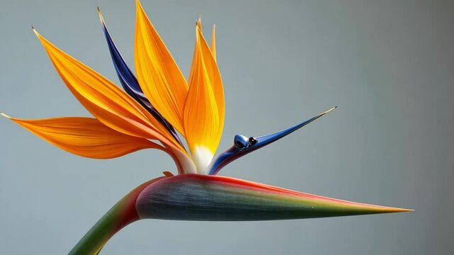 Close up of a bird of paradise flower with orange and blue petals on a gray background
