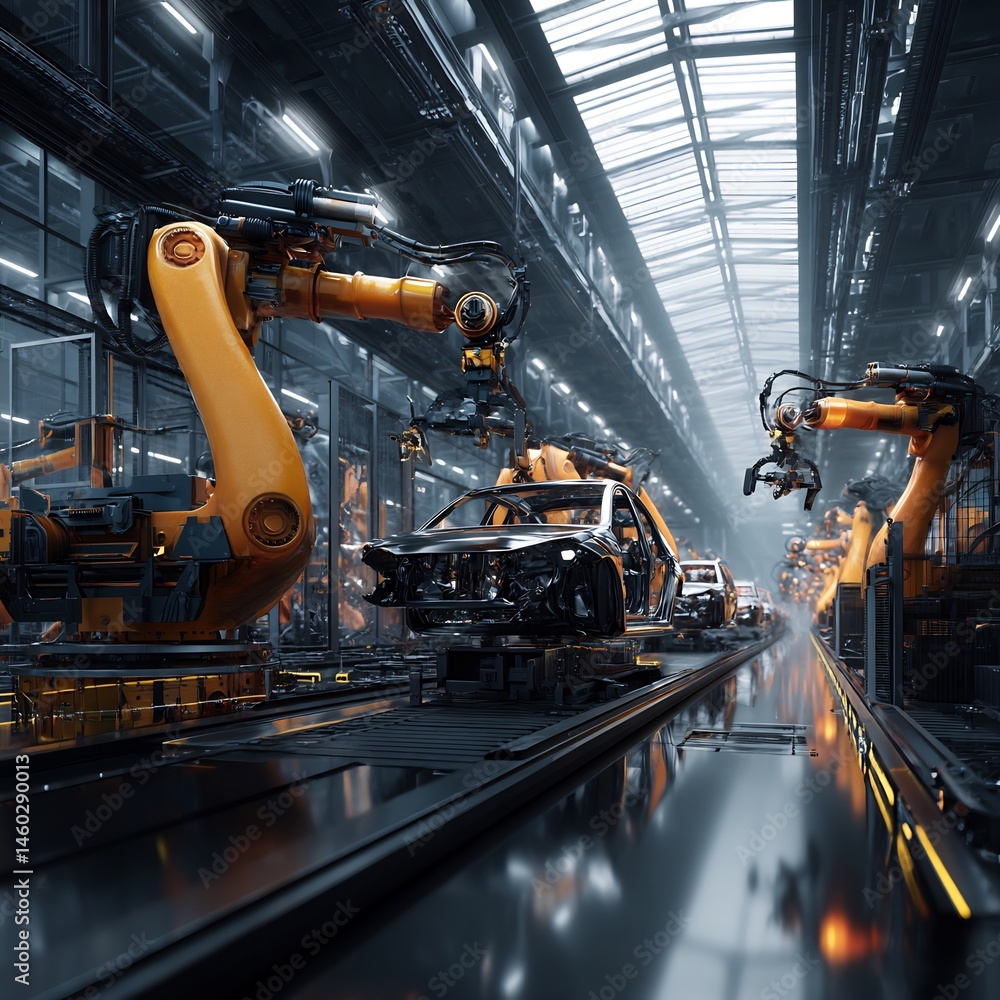 Aufkleber automated vehicle construction: robotic arms assembling car frames in factory