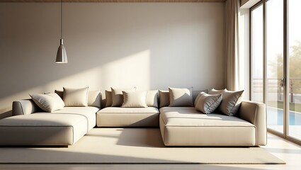 Serene Living Space: Minimalist Beige Couch with Natural Light and Modern Lamp