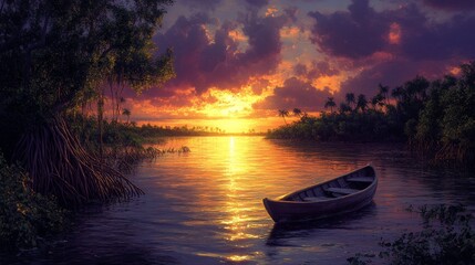 Serene sunset over a tranquil river, featuring a lone canoe.