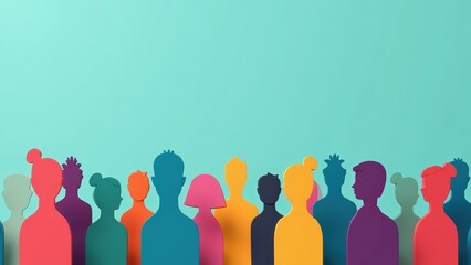 Diverse Paper Cutout Crowd: Community, Inclusion, and Unity on Teal Background