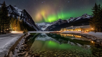 Majestic Northern Lights Over Tranquil Lake and Snowy Mountains