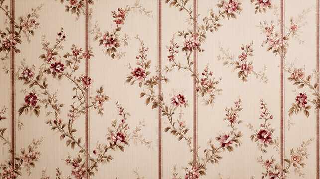 Beige wallpaper with repeating floral pattern, featuring burgundy roses and leaves, arranged vertically between thin maroon stripes, evokes vintage elegance and classic style