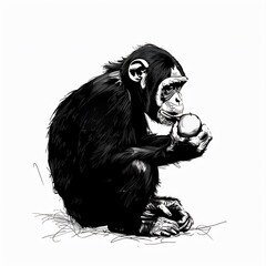 Fototapeta premium Minimalist silhouette Monkey sitting eating fruit clean vector lines main color black accent color none simple background