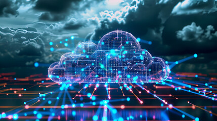 A digital cloud with glowing nodes and lines against a stormy sky background with light streaks